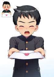 1boy bandaid bandaid_on_face bandaid_on_forehead black_hair blush closed_eyes commentary facing_viewer furrowed_brow gakuran gradient_background highres holding holding_letter irasutoya irasutoya_challenge letter liu_xi_ruki love_letter male_focus motion_lines open_mouth reference_inset school_uniform simple_background solo straight-on trembling white_background