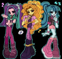 3girls adagio_dazzle aria_blaze black_background blue_hair blue_skin boots bracelet colored_skin curly_hair gloves highres jacket jewelry jwnn looking_at_viewer multicolored_hair multiple_girls my_little_pony my_little_pony:_equestria_girls my_little_pony:_friendship_is_magic necklace orange_hair orange_skin pants pantyhose pink_boots pink_eyes pink_gloves pink_jacket pink_pants pink_pantyhose pink_skin pink_skirt ponytail purple_eyes purple_footwear purple_hair purple_shirt purple_shorts red_eyes shirt short_sleeves shorts simple_background skirt smile sonata_dusk spiked_boots spiked_bracelet spikes streaked_hair twintails