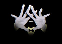 1boy absurdres bill_cipher black_background black_bow black_bowtie blending bow bowtie facing_viewer gravity_falls grin hand_focus hands_up highres llwwdouyacaier long_sleeves male_focus outstretched_arms palms personification portrait reaching reaching_towards_viewer sharp_teeth shirt silhouette simple_background smile solo teeth traditional_bowtie yellow_shirt