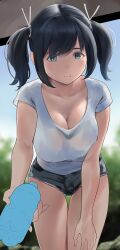 1girl alternate_costume black_hair blue_eyes blurry blurry_background blush bottle breasts cleavage commentary_request day denim denim_shorts hair_ribbon holding holding_bottle kantai_collection large_breasts leaning_forward looking_at_viewer outdoors ribbon shirt short_shorts short_sleeves short_twintails shorts solo souryuu_(kancolle) twintails wa_(genryusui) water_bottle white_shirt