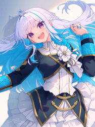Rule 34 | 1girl, :d, armband, black shirt, black skirt, blue armband, blue hair, blue nails, blunt bangs, breasts, collared shirt, colored inner hair, commentary, cowboy shot, frilled skirt, frills, gradient background, grey background, hair spread out, hand up, highres, idol clothes, kutori pan&#039;ya, layered shirt, layered skirt, light blush, light particles, lize helesta, long sidelocks, long sleeves, looking at viewer, multicolored hair, nail polish, nijisanji, nijisanji idol uniform, open mouth, purple eyes, shadow, shirt, sidelocks, signature, silver tiara, skirt, sleeve cuffs, small breasts, smile, solo, streaked hair, symbol-only commentary, teeth, thigh strap, tiara, two-tone hair, upper teeth only, virtual youtuber, watermark, white background, white hair, white shirt, white skirt