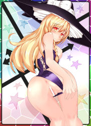 1girl alternate_costume anus ass blonde_hair bow braid breasts breasts_out censored corset female_focus hat hat_bow kirisame_marisa long_hair looking_back nipples pussy solo takiteru touhou witch_hat yellow_eyes