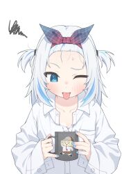 1girl absurdres bangs_pinned_back blue_eyes blue_nails blue_streaks blush coffee_mug collared_shirt cup gawr_gura hairband highres holding holding_cup hololive hololive_english long_hair mug multicolored_hair one_eye_closed open_mouth oversized_clothes partially_unbuttoned shirt smol_ame solo squiggle steam streaked_hair sweatdrop tongue tongue_out two_side_up ugaaaa1 virtual_youtuber watson_amelia white_background white_shirt