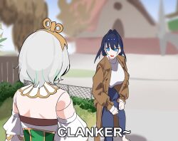 2girls absurdres blue_eyes blue_hair brown_coat cecilia_immergreen cecilia_immergreen_(1st_costume) chain-link_fence coat colored_inner_hair commentary denim doll_joints english_commentary fence from_behind grand_theft_auto grand_theft_auto_v hair_intakes high-waist_pants highres hololive hololive_english jeans joints koizumi_arata lamar_roasts_franklin_(meme) long_hair looking_at_another meme multicolored_hair multiple_girls official_alternate_costume ouro_kronii ouro_kronii_(casual) outdoors pants parody racism scene_reference shirt trench_coat virtual_youtuber white_hair white_shirt