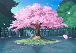 blue_sky cherry_blossoms day falling_petals flower forest grass landscape nature no_humans original outdoors petals river rock scenery sky spring_(season) tree water waterfall yamakou_(yamakou_e2)