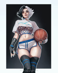 1girl absurdres ball basketball_(object) black_hair black_thighhighs blondynkitezgraja blue_eyes breasts cowboy_shot crop_top dolphin_shorts fishnet_top fishnets heterochromia highres large_breasts light_smile lips looking_at_viewer luna_snow marvel marvel_rivals midriff multicolored_hair navel navel_piercing orange_eyes piercing shirt shorts solo split-color_hair thighhighs underboob white_hair white_shirt white_shorts