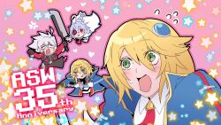 2boys 2girls anniversary blazblue blonde_hair chibi coat eyepatch green_eyes grgr_777 highres kisaragi_jin multiple_boys multiple_girls noel_vermillion nu-13 open_mouth ragna_the_bloodedge surprised sword weapon white_hair