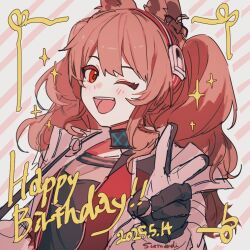 1girl angelina_(arknights) animal_ears arknights artist_name black_collar black_gloves brown_hair collar dated fox_ears fox_girl gloves hairband happy_birthday infection_monitor_(arknights) one_eye_closed red_eyes red_hairband signature solo striped_clothes striped_hairband sutoa twintails two-tone_hairband v