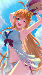 Rule 34 | 1girl, ;d, ahoge, armpits, arms up, ball, bare arms, beachball, bikini, blonde hair, blue eyes, bow, bracelet, breasts, cleavage, cowboy shot, floating hair, flower, hair bow, hair flower, hair ornament, hairband, highres, jewelry, large breasts, long hair, navel, one eye closed, open mouth, pecorine (princess connect!), princess connect!, red bow, side-tie bikini bottom, smile, solo, standing, swimsuit, upsilon3219, very long hair, white bikini, white hairband, yellow flower