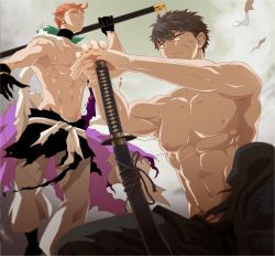 Rule 34 | 10s, 2boys, abs, black hair, doudanuki masakuni, iwatooshi, jigoku meguri, looking at viewer, male focus, multiple boys, muscular, orange hair, outdoors, pectorals, scar, topless male, smirk, sword, tagme, torn clothes, touken ranbu, weapon, yellow eyes
