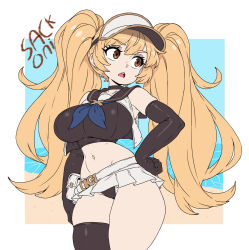 1girl armpits artist_name asymmetrical_legwear belt_pouch black_gloves black_panties black_thighhighs blonde_hair breasts brown_hair crop_top elbow_gloves gloves groin hat highres large_breasts long_hair looking_to_the_side navel open_mouth original panties pouch sackoni skirt solo stomach teeth thighhighs twintails underwear upper_teeth_only very_long_hair visor_cap white_hat white_skirt