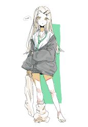 Rule 34 | 1girl, alternate costume, blonde hair, cardigan, full body, gakuen idolmaster, green background, green nails, grey cardigan, highres, holding, holding legwear, holding own arm, holding unworn clothes, idolmaster, jaggy lines, leebo (leeboxxx), leg warmers, long hair, long sleeves, looking at viewer, no pants, no pupils, no shoes, off shoulder, orange eyes, school uniform, shinosawa hiro, shirt, simple background, single bare foot, socks, solo, speech bubble, standing, swept bangs, translated, two-tone background, white background, white leg warmers, white shirt