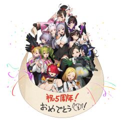 absurdres animal_ear_fluff animal_ears animal_print anniversary apron arm_guards asymmetrical_legwear badge bat_hair_ornament beeeeen bell bikini biting biting_ear black_hair black_necktie blonde_hair blue_hair boryeon_(last_origin) braid breasts brown_eyes brown_hair button_badge cat_ears cat_girl clover_ace collared_shirt colored_inner_hair covered_navel cow_ears cow_horns cow_print cow_print_bikini cow_print_gloves cowbell draculina_(last_origin) dress drill_hair erato_(last_origin) facial_mark fake_horns galatea_(last_origin) gloves green_hair grey_eyes grey_hair hair_bun hair_ornament hairband happy_anniversary highres holding holding_party_popper holding_scroll horns huge_breasts ignis_(last_origin) japanese_clothes kimono kunoichi_enrai kunoichi_shiden large_breasts last_origin lipstick long_hair long_sleeves maid maid_headdress makeup mechanical_arms multicolored_hair multiple_girls necktie nymph_(last_origin) official_alternate_costume one_side_up party_popper poi_(last_origin) pointy_ears ponytail print_bikini print_gloves purple_eyes purple_hair red_eyes red_hair sarena_(last_origin) scroll shirt short_hair side_drill simple_background swimsuit tiger_ears tiger_girl tiger_print tokusatsu translation_request twin_braids twintails two-tone_hair underboob very_long_hair white_hair
