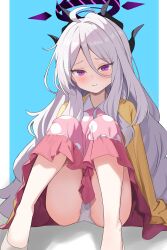 1girl absurdres ahoge allen_(user_rtdw8823) ass black_halo blue_archive blush cardigan cardigan_on_shoulders commentary_request crotch_seam demon_girl demon_horns dress forehead hair_between_eyes hair_down halo head_tilt highres hina_(blue_archive) hina_(pajamas)_(blue_archive) horns knees_together_feet_apart knees_up loli long_hair long_sleeves looking_at_viewer multicolored_halo official_alternate_costume official_alternate_hairstyle open_cardigan open_clothes outside_border pajamas panties pantyshot pillarboxed pink_dress pink_pajamas polka_dot polka_dot_pajamas purple_eyes sidelocks simple_background sitting slippers smile solo two-tone_background two-tone_halo underwear wavy_hair white_hair white_panties yellow_cardigan