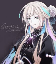 029jrr 1boy aqua_eyes aqua_hair black_dress black_flower black_rose blue_hair brooch character_name colored_inner_hair crossdressing dated dress earrings eyeshadow flower frilled_shirt_collar frills gem hair_flower hair_ornament happy_birthday highres holostars jewelry juliet_sleeves lipstick long_hair long_sleeves looking_at_viewer makeup male_focus multicolored_hair official_alternate_costume parted_lips pearl_(gemstone) pink_hair puffy_sleeves purple_background purple_eyeshadow purple_gemstone purple_hair purple_lips rose sideways_glance simple_background smile solo star_(symbol) star_earrings streaked_hair swept_bangs trap upper_body utsugi_uyu virtual_youtuber white_flower white_hair white_rose
