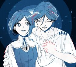 Rule 34 | 1boy, 1girl, :d, b1ue e4rth, blue background, blue eyes, blue hair, blue theme, closed eyes, collared shirt, commentary request, frilled shirt, frilled sleeves, frills, fukurai azami, holding hands, interlocked fingers, korean commentary, long sleeves, looking at another, meguriya ayumu, monochrome, open mouth, shirt, short hair, smile, swept bangs, toshi densetsu kaitai center, upper body, white shirt