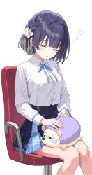 1girl blue_hair blue_overskirt blue_ribbon blue_skirt blunt_bangs breasts button_gap chair cleavage closed_eyes commentary_request flower gakuen_idolmaster hair_flower hair_ornament hataya_misuzu highres idolmaster kitano_yukito long_sleeves medium_breasts neck_ribbon on_chair open_mouth partially_unbuttoned pleated_skirt ribbon shirt short_hair simple_background sitting skirt sleeping solo stuffed_animal stuffed_hedgehog stuffed_toy white_background white_flower white_shirt