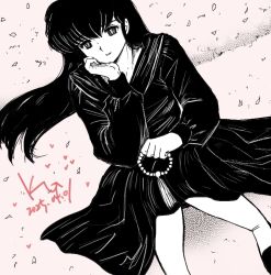 Rule 34 | bare legs, beads, black dress, black eyes, dress, funeral dress, hand on own chin, jian yin, long hair, long sleeves, maison ikkoku, otonashi kyouko, prayer beads, wistful