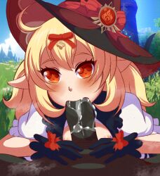 1boy 1girl black_gloves black_skin blonde_hair blush bow breasts clothed_female_nude_male colored_skin dark-skinned_male dark_skin fellatio fleureaon genshin_impact gloves hat hetero highres hilichurl_(genshin_impact) klee_(blossoming_starlight)_(genshin_impact) klee_(genshin_impact) loli long_hair looking_at_viewer nipples nude oral outdoors penis pov pov_crotch red_eyes saliva small_breasts sweat twintails vision_(genshin_impact) witch_hat