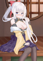 Rule 34 | 1girl, :/, absurdres, architecture, bare shoulders, black pantyhose, blue eyes, blush, bow, bow skirt, breasts, breasts out, cleavage, closed mouth, collarbone, commentary, detached sleeves, east asian architecture, embarrassed, feet out of frame, film grain, floating hair, frilled kimono, frills, frown, furrowed brow, hair bow, hair over shoulder, hakama, hakama skirt, hand up, high-waist skirt, highres, huge bow, japanese clothes, kimono, large breasts, long hair, long sleeves, looking at viewer, mamiya yuki, nipples, no bra, nose blush, official alternate costume, official alternate hairstyle, outdoors, pantyhose, pink bow, ponytail, purple hakama, purple skirt, red bow, round window, senren banka, sidelocks, sitting, skirt, solo, tomotake yoshino, very long hair, white hair, wide sleeves, window, yellow kimono