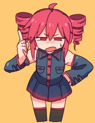 1girl 9302w_(user_wjpg8475) ahoge black_shirt black_skirt commentary_request cowboy_shot detached_sleeves drill_hair highres index_finger_raised kasane_teto kasane_teto_(utau) open_mouth red_eyes shirt sidelocks simple_background skirt sleeveless sleeveless_shirt solo sweatdrop utau yellow_background