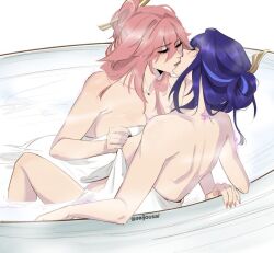 2girls animal_ears artist_name bathtub closed_eyes commentary english_commentary fox_ears fox_girl genshin_impact kiss mitsudomoe_(shape) multiple_girls naked_towel pink_hair purple_hair raiden_shogun seijousai shared_bathing tomoe_(symbol) towel yae_miko yuri