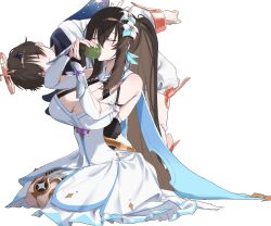 Rule 34 | 1boy, 1girl, bare shoulders, breasts, brown hair, cleavage, closed eyes, cosplay, counter:side, cup, drinking, flower, genshin impact, hair flower, hair ornament, highres, joo shiyoon, large breasts, long hair, lumine (genshin impact), lumine (genshin impact) (cosplay), mimiou, paimon (genshin impact), paimon (genshin impact) (cosplay), ponytail, sitting, yoo mina