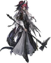 1girl ahoge arknights belt bird_girl black_belt black_boots black_capelet black_feathers black_pants black_skirt black_vest book boots braid buttoned_cuffs buttons capelet chain closed_mouth dark-skinned_female dark_skin earrings feather_hair feathers full_body gracebearer_(arknights) green_eyes hair_ornament hairband hairclip high_heel_boots high_heels high_ponytail highres holding holding_polearm holding_weapon hoop_earrings infection_monitor_(arknights) jewelry large_tail layered_skirt leg_belt long_hair long_skirt long_veil looking_at_viewer multiple_belts multiple_braids multiple_rings nail_polish nun official_art pants pleated_skirt polearm ponytail puffy_sleeves red_hair ring see-through_clothes see-through_skirt shirt shui_di_yu_bu_lei_shao simple_background skirt snake_girl snake_tail solo standing striped_clothes striped_pants tail tail_belt tail_ornament third-party_source transparent_background veil vest weapon white_hairband white_nails white_shirt white_skirt white_veil