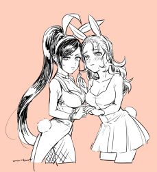 2girls animal_ear_hairband animal_ears artist_name bracelet breasts checkered_clothes checkered_dress choker cleavage commentary_request cowboy_shot dragon_quest dragon_quest_xi dress fake_animal_ears fishnet_pantyhose fishnets greyscale_with_colored_background hairband heart heart_choker high_ponytail holding_hands jewelry large_breasts long_hair looking_to_the_side martina_(dq11) mnnem multiple_girls nontraditional_playboy_bunny open_mouth orange_background pantyhose ponytail rabbit_ears rabbit_tail sketch sweatdrop tail tailcoat tailcoat_playboy_bunny trait_connection vivian_(dq11)