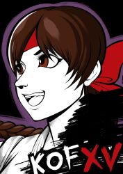 1girl braid braided_ponytail brown_eyes brown_hair dougi female_focus headband highres karate_gi kitsuakajin long_hair looking_back open_mouth smiley_face the_king_of_fighters yuri_sakazaki
