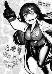 1girl absurdres arm_up breasts collarbone commentary_request female_professor_(neural_cloud) girls&#039;_frontline girls&#039;_frontline_neural_cloud hair_between_eyes headset highres id_card lab_coat lanyard large_breasts light_blush light_smile long_hair long_sleeves meimushi miniskirt open_mouth parody pointing professor_(neural_cloud) shirt skirt thighs translation_request
