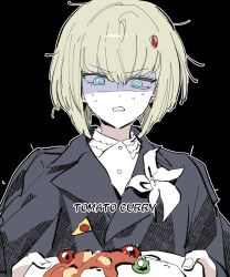 1girl aqua_eyes black_background black_jacket blonde_hair cherry_tomato collared_shirt curry disgust flower food hair_ornament highres holding holding_plate jacket lapels long_sleeves messy_hair oosuzuki_kurara outline pale_skin palme310 plate shaded_face shirt short_hair simple_background solo sweat the_hundred_line_-last_defense_academy- tomato upper_body white_flower white_outline white_shirt