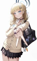 1girl absurdres alternate_costume animal_ears bag black_choker black_skirt blonde_hair blue_archive blush braid cardigan choker collarbone double_v earrings fingernails foreshortening gyaru gyaru_v hair_ornament hairpin half_up_braid halo highres hyangu jewelry kogal looking_at_viewer miniskirt nail_art nail_polish open_collar plaid_clothes plaid_skirt pleated_skirt school_bag simple_background skirt solo stud_earrings toki_(blue_archive) v white_background yellow_cardigan