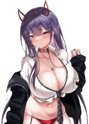 1girl absurdres akuma_nihmune akuma_nihmune_(1st_costume) belt_collar black_sleeves blunt_bangs blush breasts cleavage closed_mouth collar collarbone commentary cowboy_shot dot_mouth dot_nose ear_piercing emblem fake_horns forehead hair_ornament hair_over_shoulder hand_up heart heart-shaped_pupils heart_o-ring highres horns huge_breasts indie_virtual_youtuber jewelry leash leon_decarabia long_hair long_sleeves looking_at_viewer loose_necktie mole mole_under_eye nail_polish navel necklace necktie o-ring off_shoulder open_clothes open_shirt panties piercing pink_nails purple_hair red_eyes red_panties shadow shirt signature solo stomach string_panties symbol-shaped_pupils underwear virtual_youtuber white_shirt