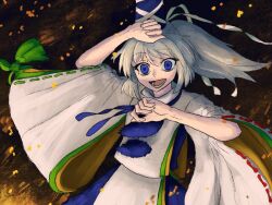 Rule 34 | 1girl, arms up, blue eyes, blue skirt, commentary request, cowboy shot, crazy eyes, embers, grey hair, hat, high ponytail, japanese clothes, kariginu, long hair, looking at viewer, lower teeth only, mononobe no futo, open mouth, pom pom (clothes), ponytail, ribbon-trimmed sleeves, ribbon trim, ritsuzou, robe, skirt, smile, solo, tate eboshi, teeth, touhou, white robe