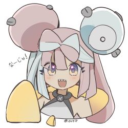 Rule 34 | 1girl, blue hair, blush, gen 1 pokemon, hair ornament, highres, iono (pokemon), magnemite, multicolored hair, nintendo, ovoip, pink hair, pokemon, pokemon sv, sharp teeth, simple background, smile, solo, teeth, twitter username, two-tone hair, white background
