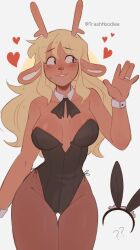 1girl ? ?? animal_ears antlers averting_eyes black_eyes black_leotard blonde_hair blush breasts buck_teeth buttoned_cuffs buttons cleavage cropped_legs deer_ears deer_girl deltarune detached_collar fake_animal_ears furry furry_female gluteal_fold heart highres horns hourglass inset jewelry jxitrash large_breasts leotard long_hair nervous_smile noelle_holiday pantyhose playboy_bunny rabbit_ears ring sidelocks simple_background smile solo solo_focus spoken_heart strapless strapless_leotard tareme teeth unworn_headwear waving white_background white_wrist_cuffs wide_hips wrist_cuffs