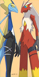 absurdres bad_id bad_pixiv_id blaziken blue_eyes commentary_request creature creatures_(company) furry game_freak gen_3_pokemon gen_8_pokemon highres inteleon looking_at_viewer nintendo pokemon pokemon_(creature) signature yellow_eyes yukari_(yukari21653710)