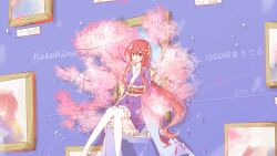 Rule 34 | 1000-nen ikiteru (vocaloid), 1girl, bow, cherry blossoms, dated, english text, falling petals, floral print, flower, hair bow, hair flower, hair ornament, highres, japanese clothes, kimono, kotohime (touhou), long hair, low-tied long hair, obi, open mouth, petals, phantasmagoria of dim.dream, picture frame, purple background, purple kimono, red eyes, red hair, ribbon, sash, satsukiyukinya, solo, thighhighs, touhou, touhou (pc-98), tree, white thighhighs, yellow bow