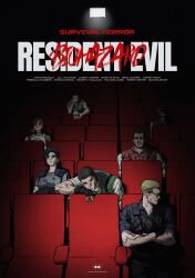 Rule 34 | 2girls, absurdres, albert wesker, barry burton, blonde hair, blood, brown hair, chris redfield, claire redfield, corpse, highres, jill valentine, leon s. kennedy, looking up, movie poster, movie theater, multiple girls, rebecca chambers, resident evil, resident evil 1, singrairiedog, sitting, title, vest