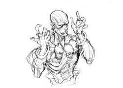 1boy abs bald bindi bracelet dhalsim earrings game_cg greyscale hands_up highres hoop_earrings jewelry male_focus monochrome necklace nishimura_kinu no_eyebrows non-web_source official_art sketch skull_necklace solo street_fighter street_fighter_ii_(series) white_eyes
