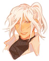 1boy a3! black_shirt blonde_hair blue_eyes citron_(a3!) cropped_shoulders dark-skinned_male dark_skin furrowed_brow grin hair_between_eyes high_collar highres light_blush long_bangs long_hair looking_at_viewer male_focus morisawa_chiaki_(charbroiler) official_alternate_costume official_alternate_hairstyle one_eye_closed parted_bangs ponytail portrait shirt simple_background smile solo sweater turtleneck turtleneck_sweater v-shaped_eyebrows white_background