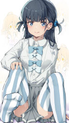 1girl aokaly basori_tiara black_hair blue_bow blue_bowtie blue_eyes blue_thighhighs blush bow bowtie closed_mouth collared_shirt commentary feet flower grey_skirt hair_behind_ear hair_flower hair_ornament hand_on_own_knee highres long_hair long_sleeves looking_at_viewer make_heroine_ga_oo_sugiru! miniskirt mole mole_on_neck mole_on_thigh official_alternate_hairstyle pleated_skirt school_uniform shirt sitting skirt solo striped_clothes striped_thighhighs summer_uniform thighhighs tsuwabuki_high_school_uniform two-tone_thighhighs two_side_up vertical-striped_clothes vertical-striped_thighhighs white_shirt white_thighhighs zettai_ryouiki