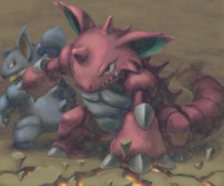 angry brown_eyes claws closed_mouth crack cracked_floor daphnia gen_1_pokemon horns looking_back mijinko_(barabadge) nidoking nidoqueen nintendo no_humans open_mouth outstretched_arm pokemon pokemon_(creature) protecting standing