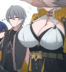 1boy 2girls absurdres belle_(zenless_zone_zero) breast_focus breasts closed_eyes grey_hair highres large_breasts mole mole_on_chest multiple_girls namikare paid_reward_available smile wise_(zenless_zone_zero) yin_yang_pin yixuan_(zenless_zone_zero) zenless_zone_zero