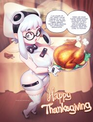 1girl ass black-framed_eyewear blooper_(mario) breasts dress english_text food glasses grey_eyes highres holding holding_plate indoors large_breasts mario_(series) nintendo personification plate short_dress sleeveless sleeveless_dress solo speech_bubble standing supersatanson table thanksgiving thighhighs turkey_(food) white_dress