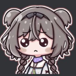 1girl :&lt; aldina_(vrchat) black_background black_bow black_eyes black_hairband blush blush_stickers bow bow_hairband braid brown_eyes brown_hair chibi closed_mouth cropped_torso crossed_bangs dress frown furrowed_brow grey_background grey_dress grey_sweater hair_between_eyes hair_bow hair_ribbon hairband jewelry long_hair low_twin_braids lowres necklace official_alternate_costume original outline pendant portrait purple_scarf ribbon sad scarf shirt simple_background solid_circle_eyes solo sweater twin_braids twintails two_side_up upper_body very_long_hair vrc_haruka8015 white_dress white_outline