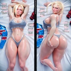 1girl absurdres armpits arms_behind_head ass blonde_hair blush breasts cammy_white capcom come_hither covered_erect_nipples curvy dakimakura_(medium) flirting hand_on_own_ass highres huge_ass jacket large_breasts looking_at_viewer looking_back lying mika_dawn navel on_stomach parted_lips pink_lips scar seductive_smile shiny_skin sideboob smile solo sports_bra sports_panties sportswear street_fighter street_fighter_6 thick_thighs thighs thong tones wide_hips