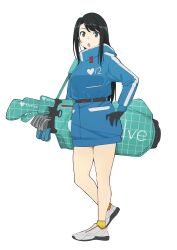 1girl :o akane_haruka_(sorairo_utility) aqua_bag bag belt black_belt black_eyes black_gloves black_hair blue_coat coat full_body gloves golf_bag golf_club hand_on_own_hip highres holding holding_bag long_hair looking_at_viewer official_art open_mouth saitou_kengo shoes short_coat simple_background sneakers socks solo sorairo_utility standing white_background white_shoes yellow_socks