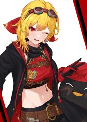 1girl absurdres belt black_gloves black_jacket black_pants bow brown_belt gloves goggles goggles_on_head hair_bow highres hololive hololive_indonesia jacket kaela_kovalskia kaela_kovalskia_(4th_costume) looking_at_viewer one_eye_closed open_mouth pants red_bow red_gloves red_jacket red_shirt shirt short_hair smile solo two-sided_fabric two-sided_gloves two-sided_jacket velantart virtual_youtuber
